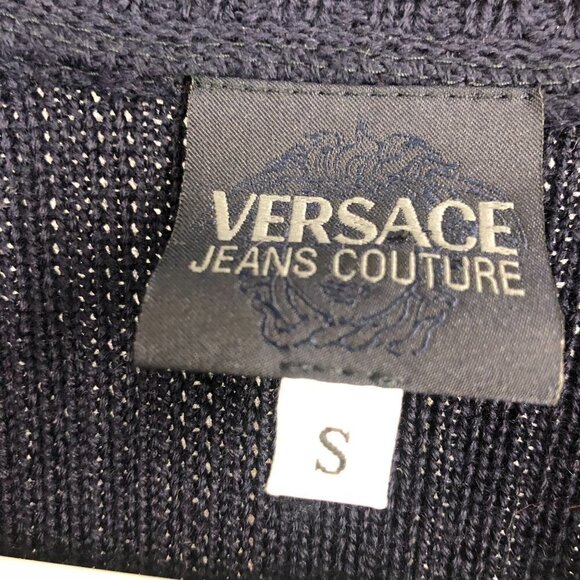 Versace JEANS COUTURE VTG Wool Blend Knit Suede Leather Navy Jacket Sz S - Picture 12 of 16